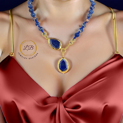 Blue Ocean Jasper & Lapis Lazuli Gemstone Statement Necklace