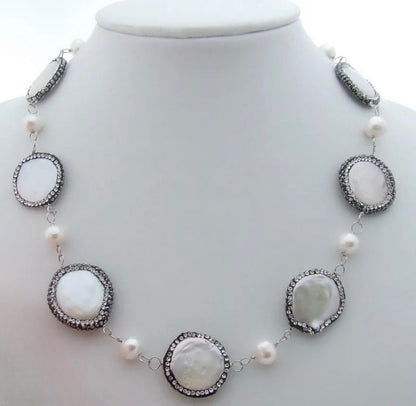 Marcasite-Trimmed Coin Pearl Earrings and Necklace Set