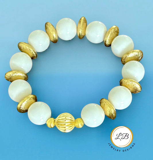 White Alabaster and Brushed Gold Vermeil Beaded Bracelet