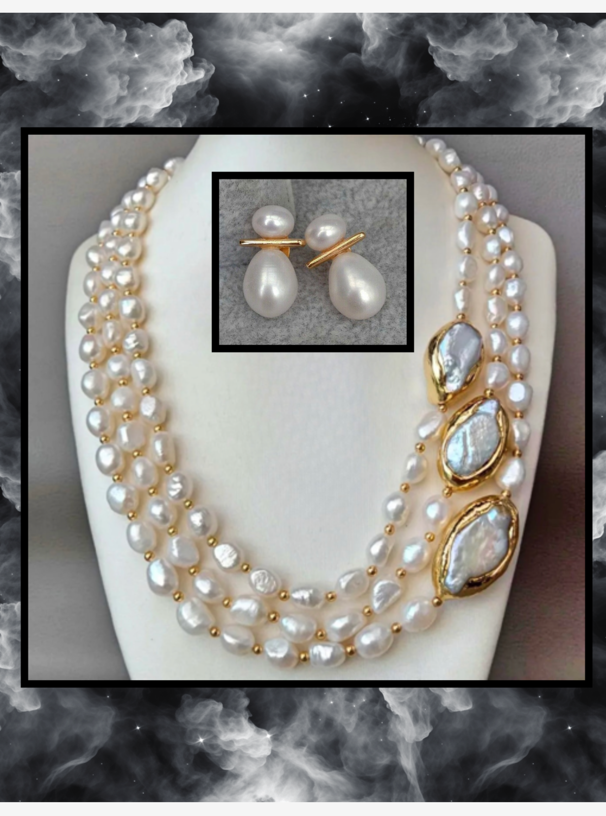 Baroque and Keshi Pearl Triple-Strand Statement Necklace with Double Pearl Stud Earrings