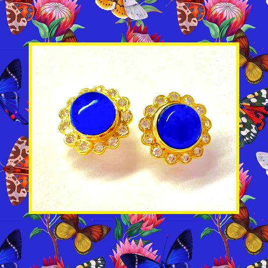French Blue Chalcedony Gemstone Gold Stud Earrings