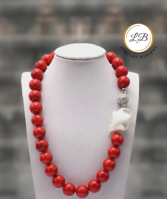 Red Coral & Baroque Pearl Gemstone Statement Necklace 18"