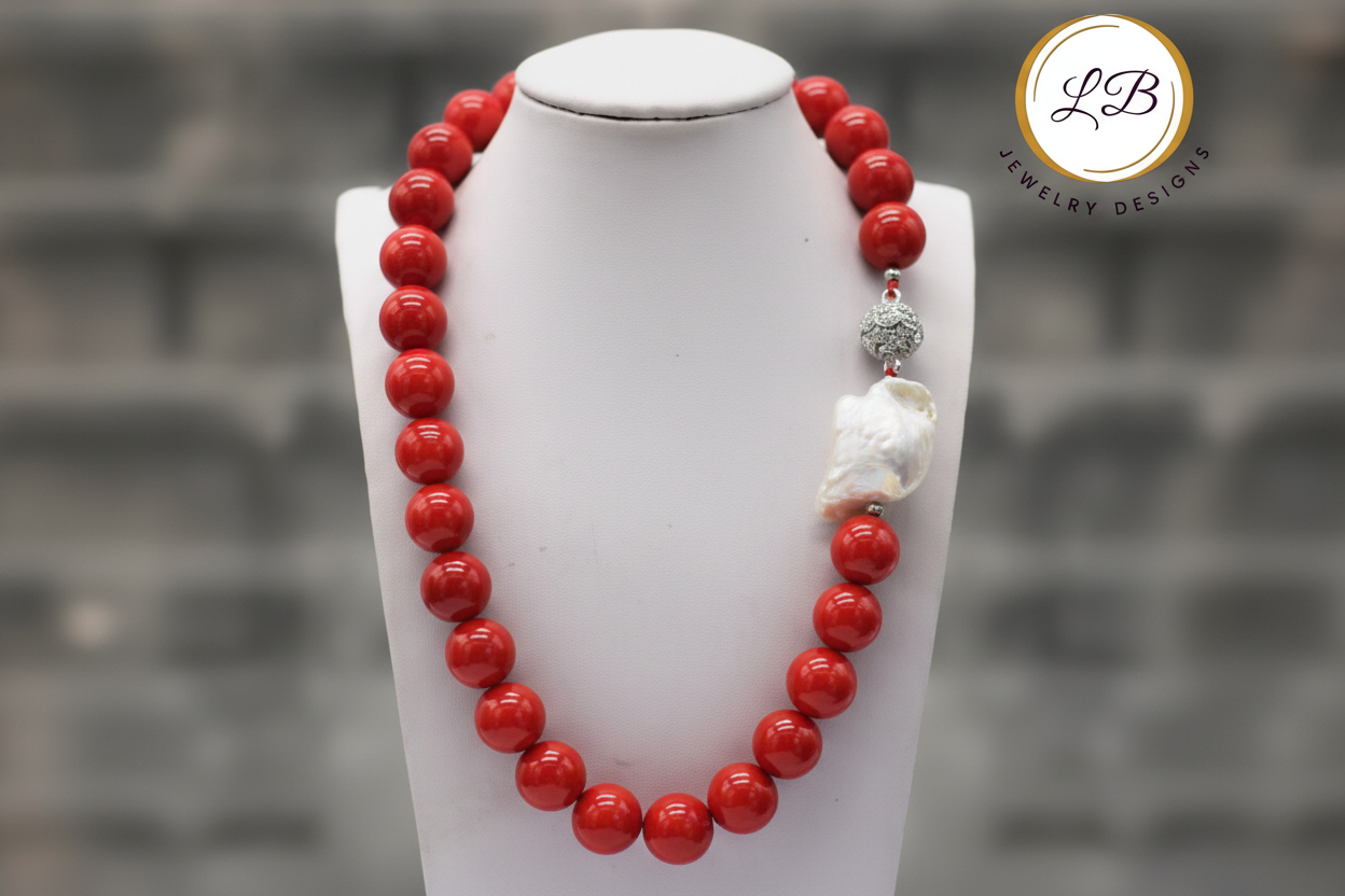 Red Coral & Baroque Pearl Statement Necklace 18"