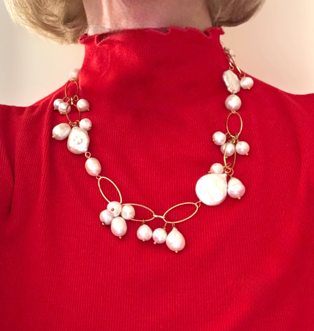 Pearl Cluster 18k Gold Chain Statement Necklace 21"