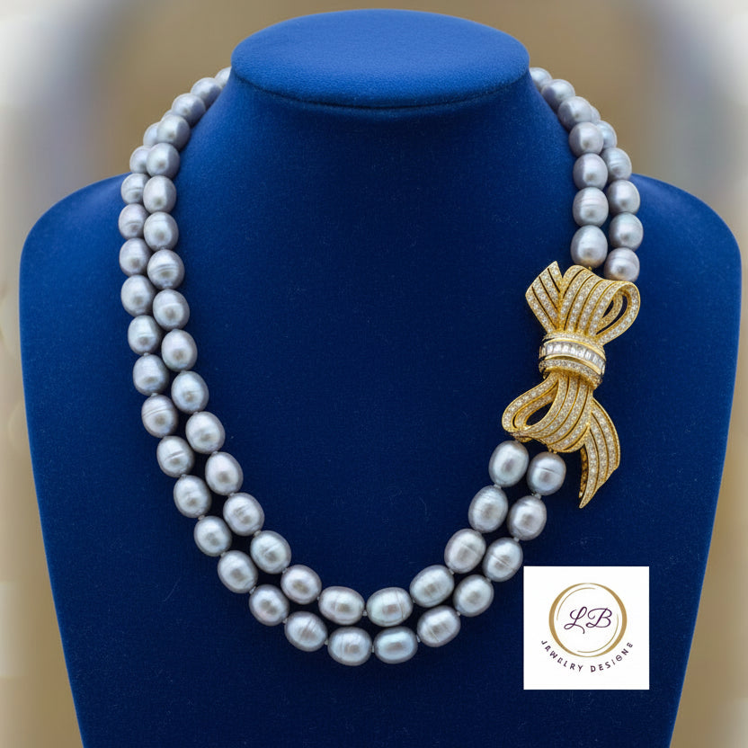 Luminous Gray Pearl Gold Pave Bow Necklace 20"