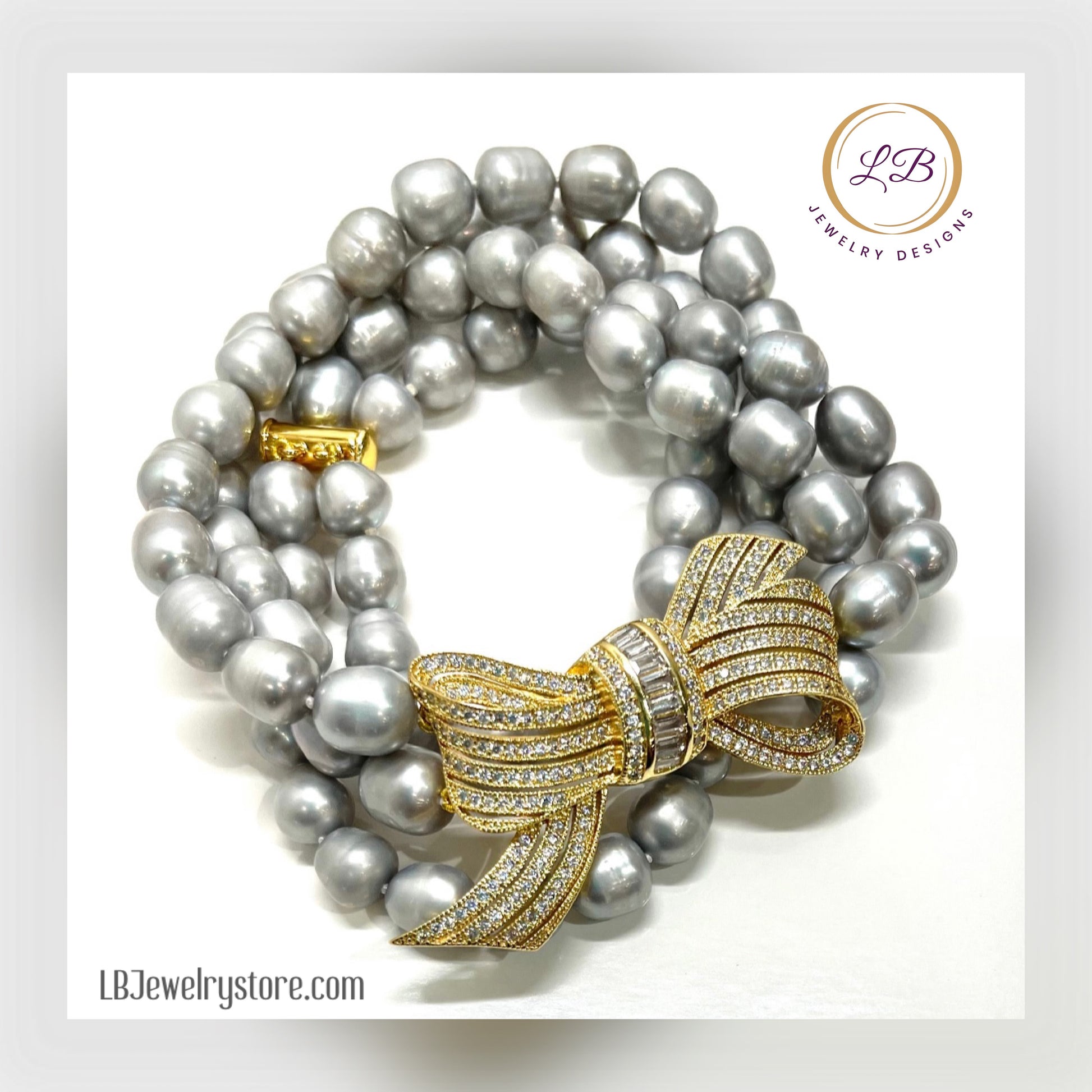 Luminous Gray Pearl Gold Pave Bow Necklace 20"