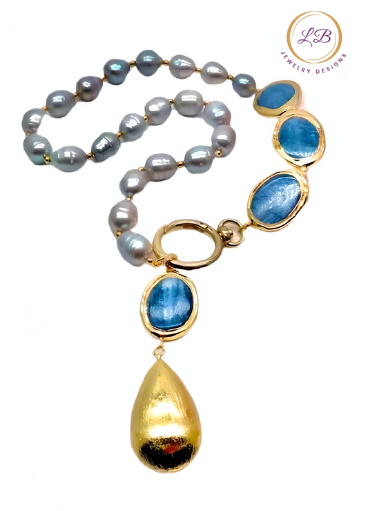 Blue Kyanite and Gray Pearl Gemstone Brushed Gold Vermeil Statement Necklace 18