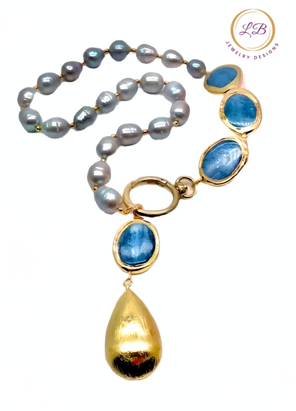 Blue Kyanite and Gray Pearl Gemstone Brushed Gold Vermeil Statement Necklace 18"