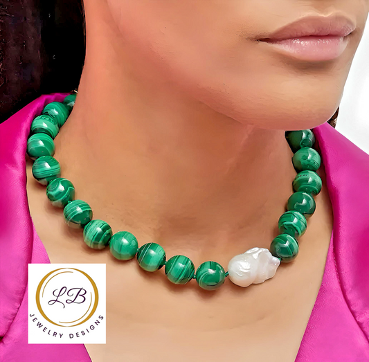 Striking Green Malachite Gemstone Statement Necklace with Baroque Pearl Pendant