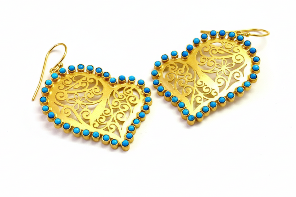 Turquoise 22k Gold Vermeil Filigree Heart-Shaped inStatement Earrings