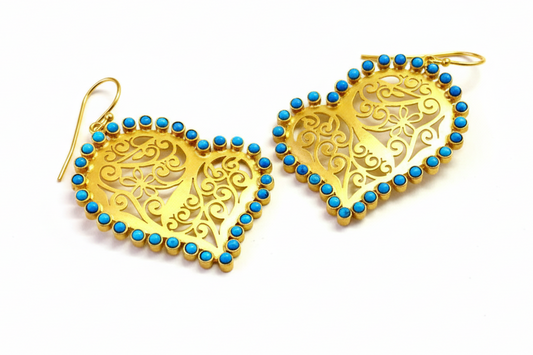 Turquoise 22k Gold Vermeil Filigree Heart-Shaped inStatement Earrings