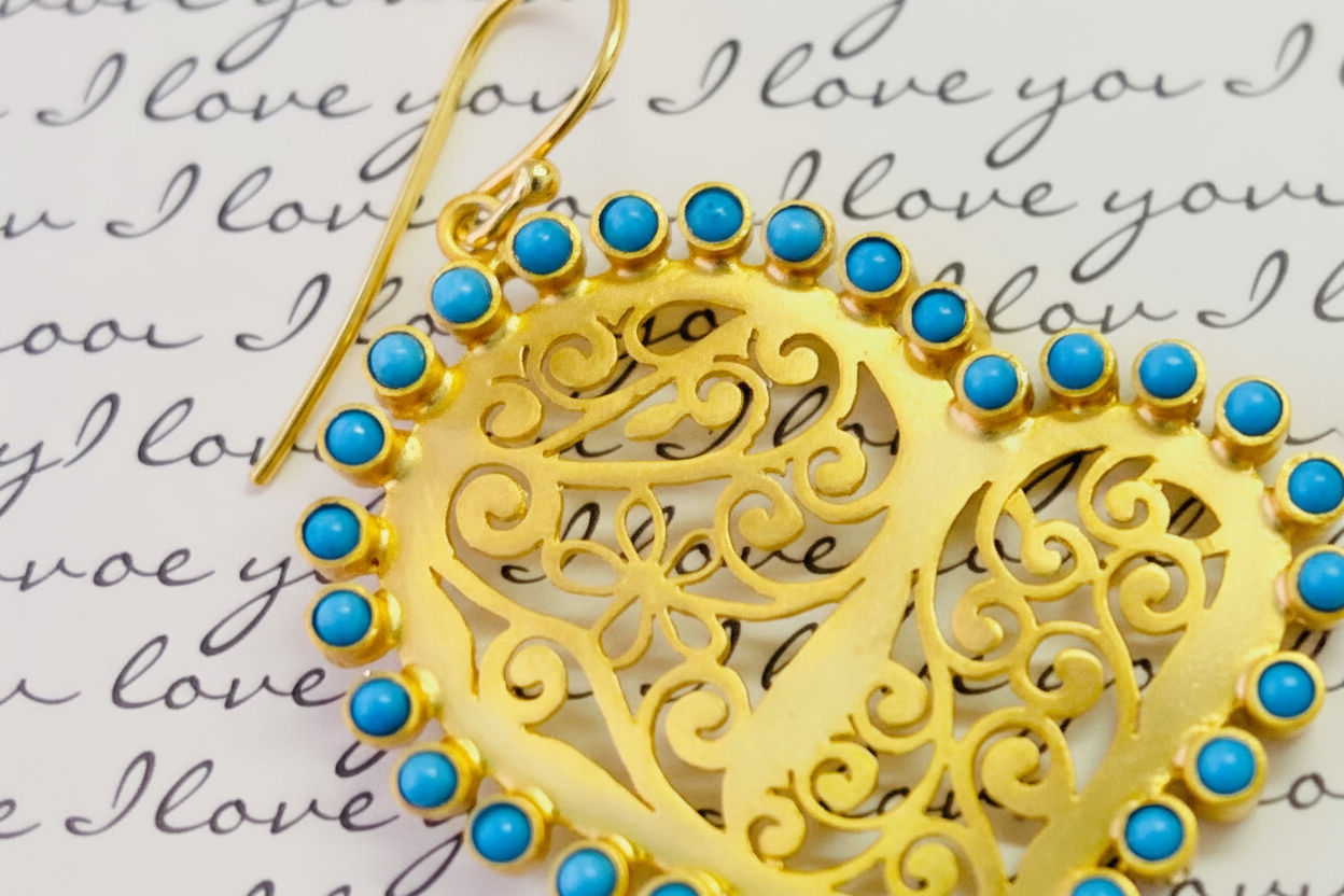 Turquoise 22k Gold Vermeil Filigree Heart-Shaped inStatement Earrings