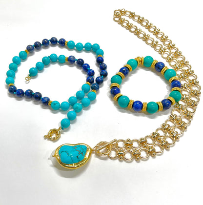 Turquoise and Lapis Lazuli Gemstone Layered Necklace and Bracelet Set