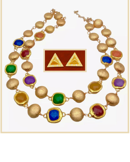 Colorful Jade and 18k Brushed Gold Vermeil Necklace and Earrings Jewelry Set