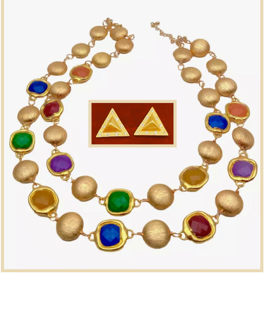 Colorful Jade and 18k Brushed Gold Vermeil Necklace and Earrings Set