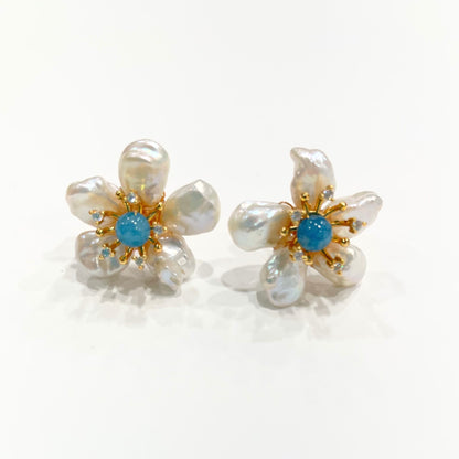 Pearl Petals and Aquamarine Flower Statement Earrings 1"