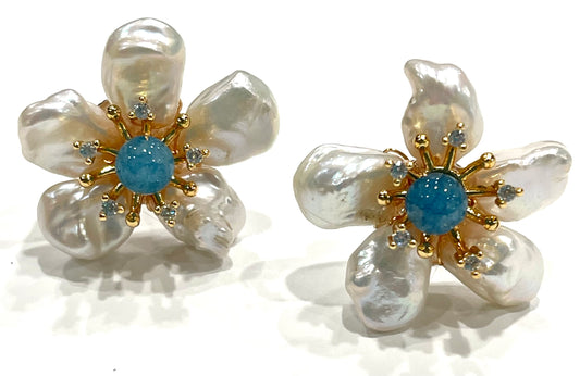 Pearl Petals and Aquamarine Flower Statement Earrings 1