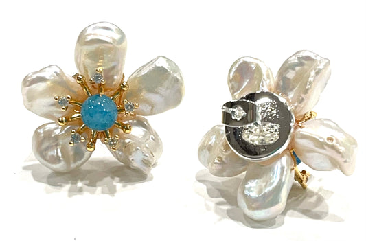 Pearl Petals & Aquamarine Flower Statement Earrings 1