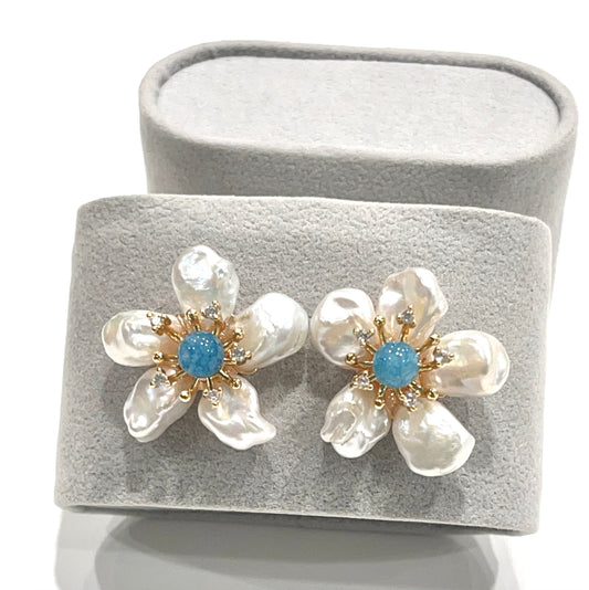 Pearl Petals and Aquamarine Flower Statement Earrings 1