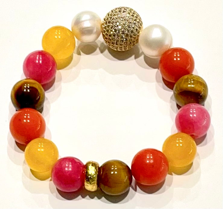 Colorful Multi-Gemstone Quartz, Tiger's Eye, Rhodochrosite and Pearls Gold Beaded Bracelet