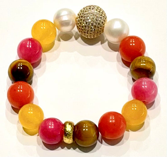 Colorful Multi-Gemstone Quartz, Tigers Eye, Rhodochrosite and Pearls Gold Beaded Bracelet
