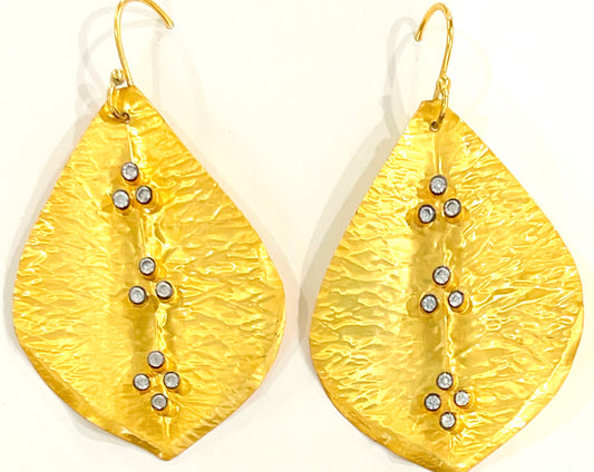 Hammered 22k Yellow Gold Leaf and White Topaz Statement Earrings 2.5”