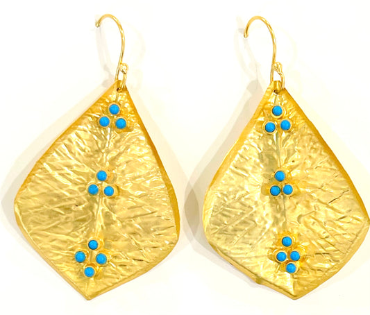 Lightweight 22k Gold Leaf Hammered Turquoise Statement Earrings 2”