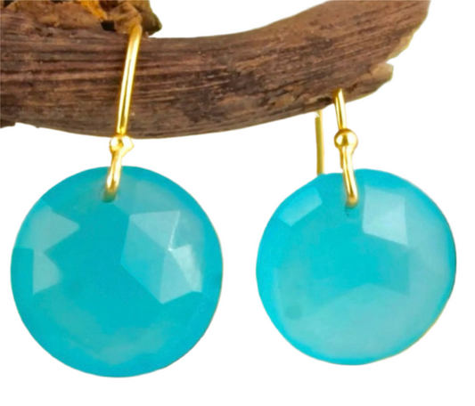 Aqua Chalcedony Gold Dangle Earrings 1.5”