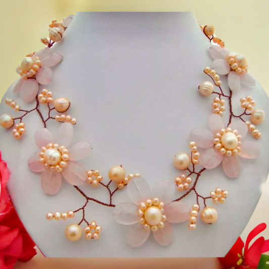 Pretty in Pink Rose Quartz and Freshwater Pearl Flower Statement Necklace