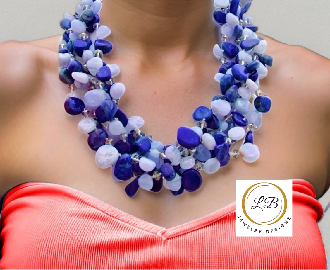 Five-Strand Blue Lace & Lapis Lazuli Gemstone Statement Necklace 21”