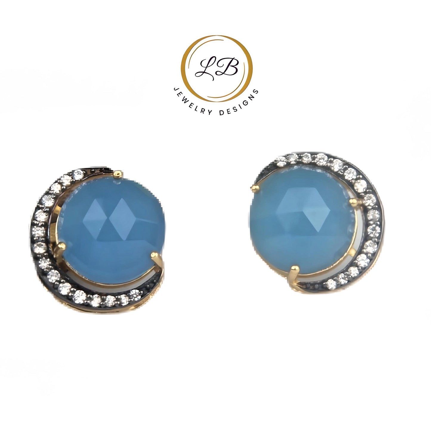 Crescent Moon Light Blue Chalcedony Gold and Rhodium Stud Earrings