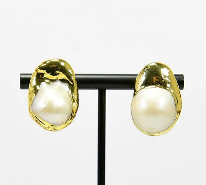 Keshi Pearl and 24 Gold Vermeil Statement Stud Earrings 1”