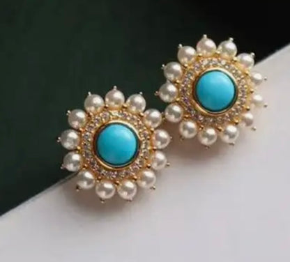 Vintage-Style Gold Turquoise and Pearl Gold Stud Earrings