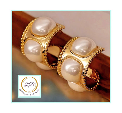 Classic Pearl Shell Gold Hoop Earrings 1”