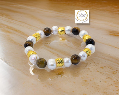 Tiger's Eye & Pearl Gemstone Gold Vermeil Beaded Bracelet