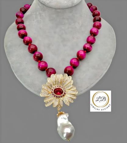 Vivid Fuchsia Tiger’s Eye and Baroque Pearl Pave Pendant Statement Necklace 18"