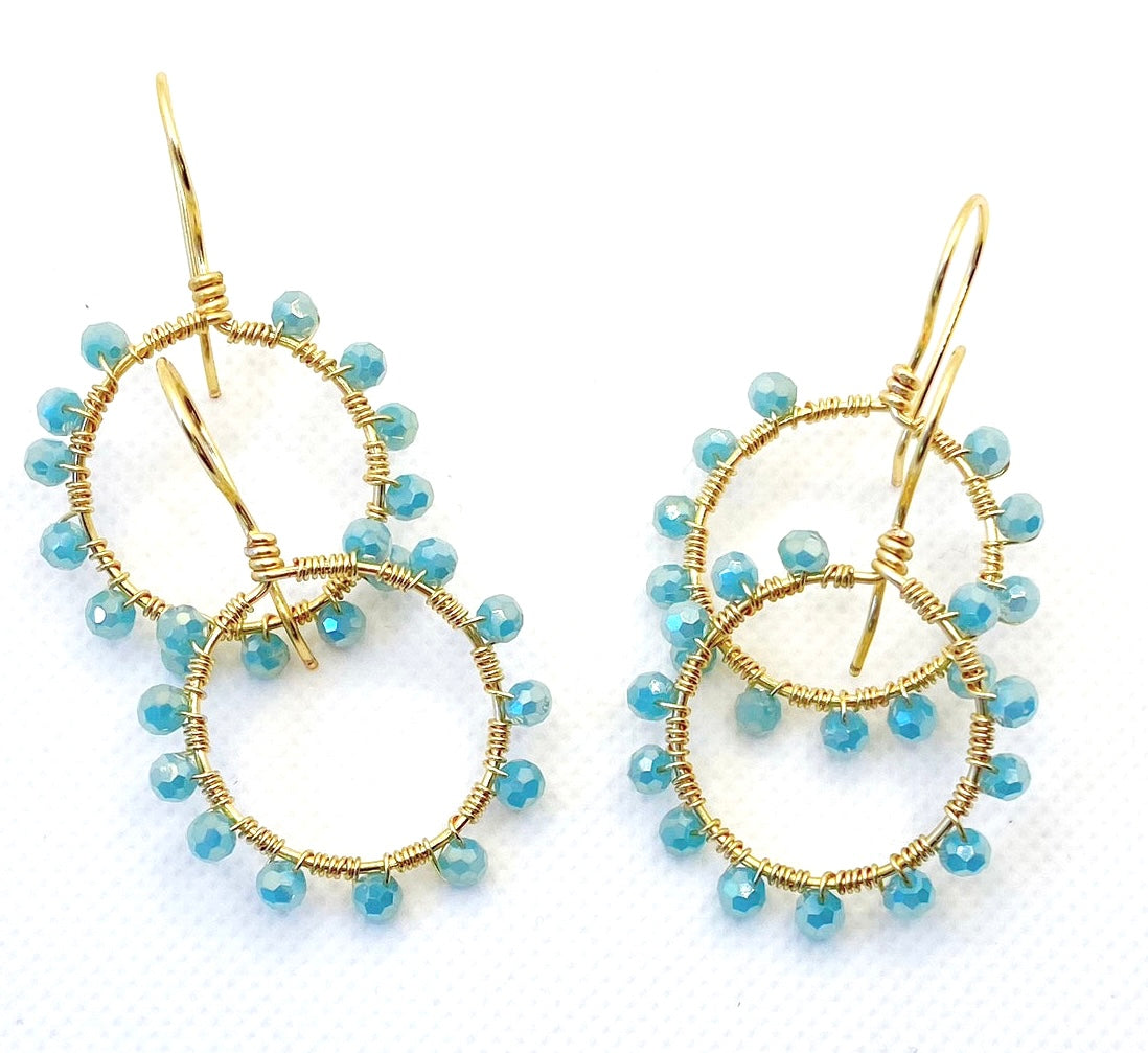 Aquamarine Semi-Precious Gemstones Gold Hoop Earrings 1.5"