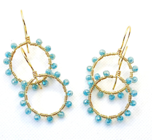 Aquamarine Semi-Precious Gemstones Gold Hoop Earrings 1.5