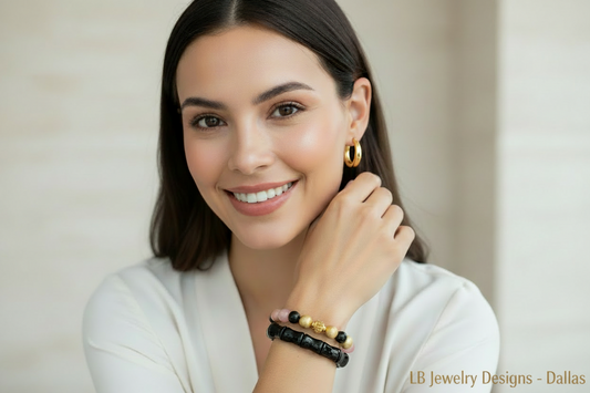 Black Onyx & Pink Quartz Luxury Gold Bracelet Stack