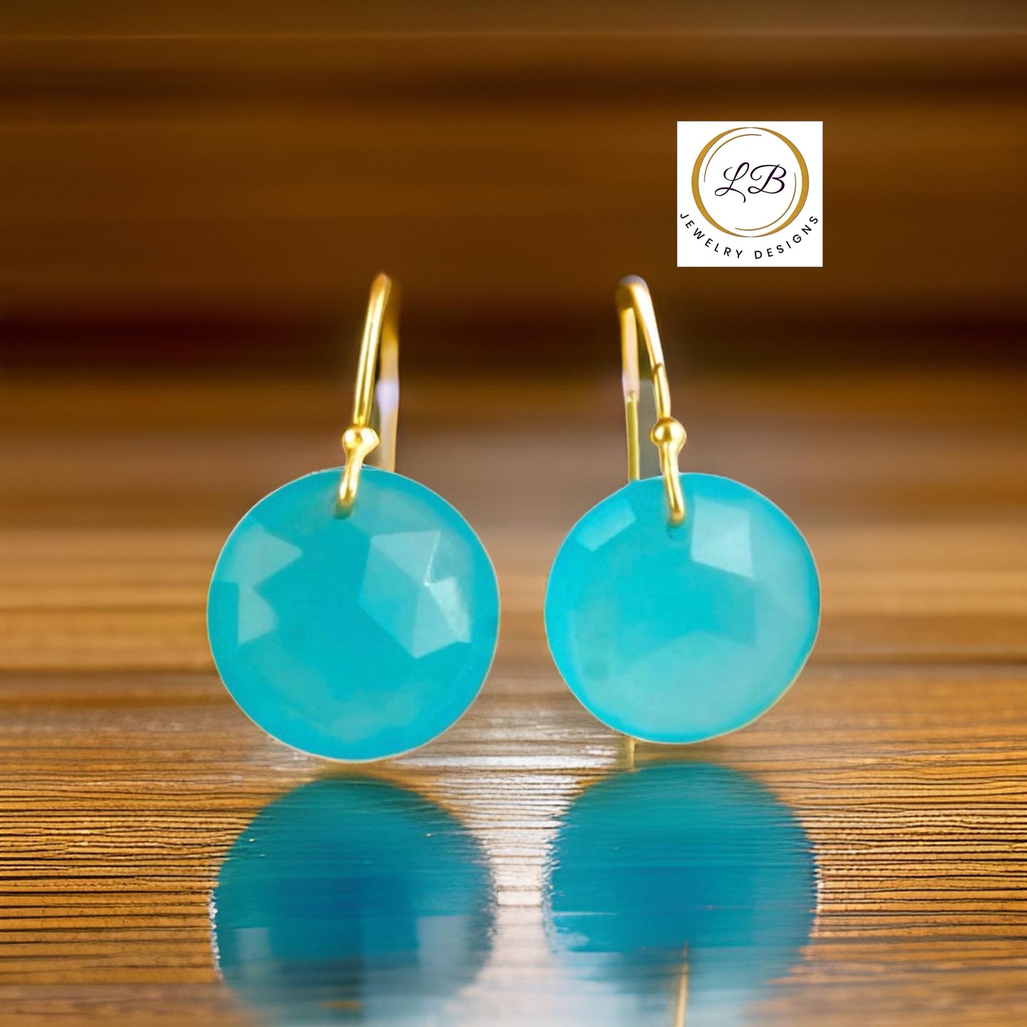 Aqua Chalcedony Gold Dangle Earrings 1.5”