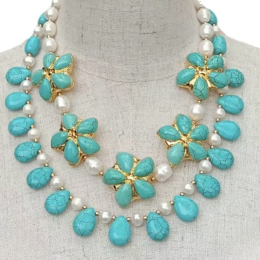 Resort-Ready Turquoise and Pearl 22k Gold Statement Necklace