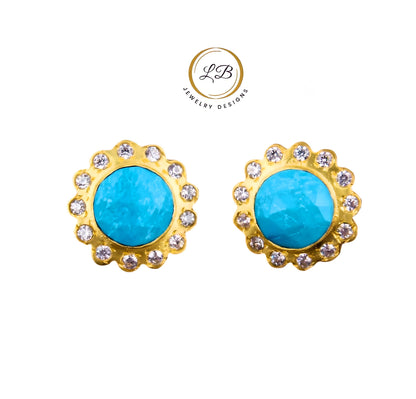 Turquoise Gemstone Gold Stud Earrings