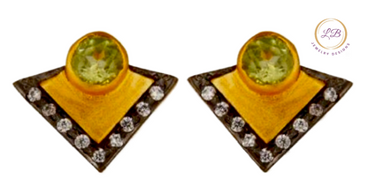 Modern Light Peridot and Black Rhodium Gemstones Gold Stud Earrings
