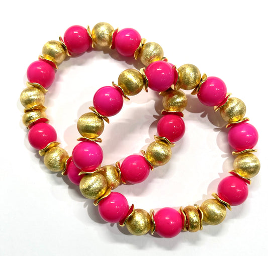 Hot Pink Czech Druks and Brushed Gold Vermeil Beaded Bracelet