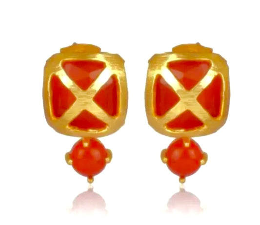 Criss Cross Orange Carnelian Gemstone Gold Stud Earrings 1”