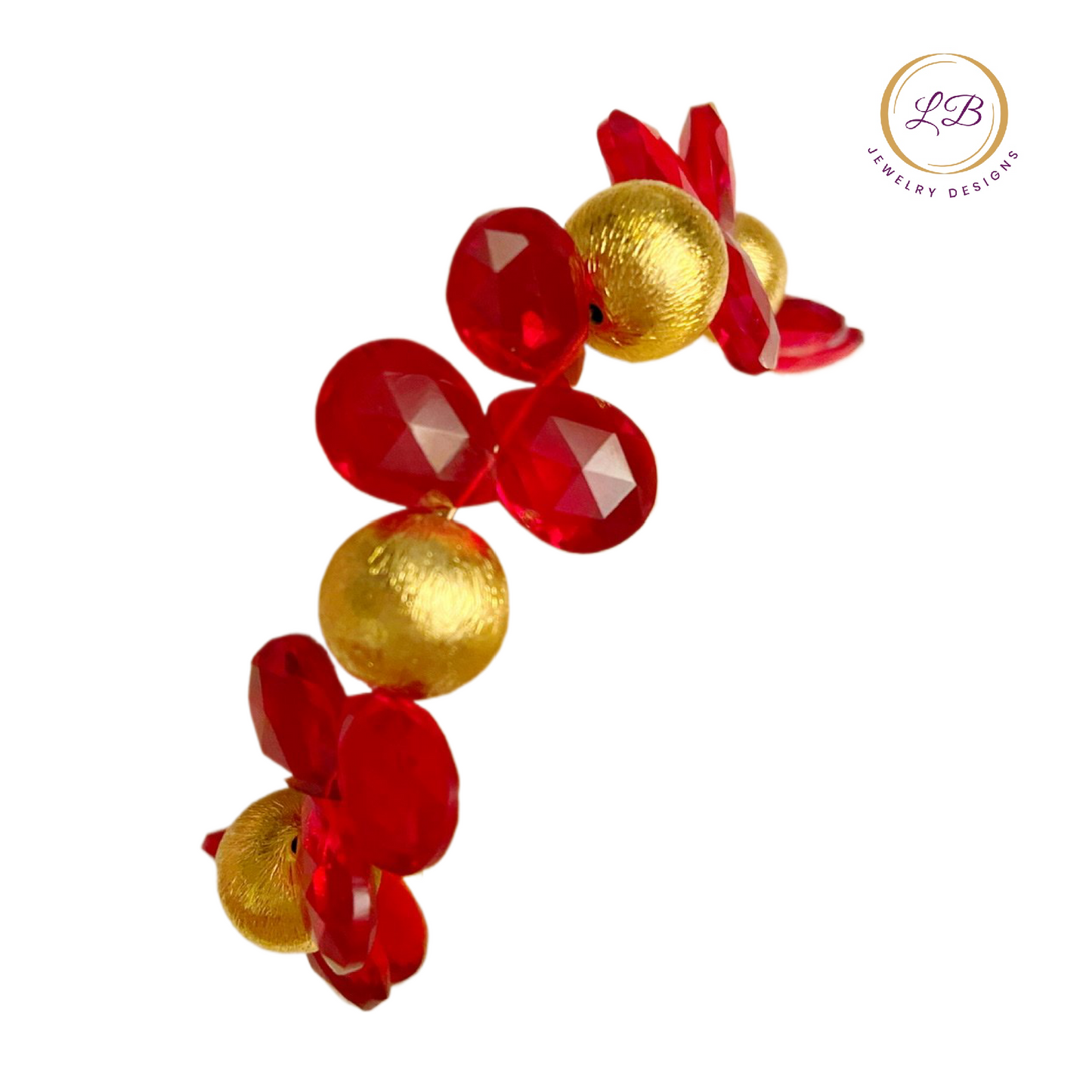 Red Ruby Briolette-Cut Gemstones Bracelet(s) with Pearls and Brushed Gold Vermeil