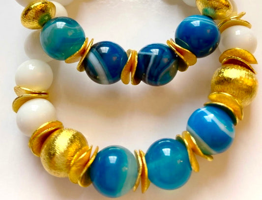 Alabaster and Blue-Banded Gemstone Gold Vermeil Beaded Bracelet