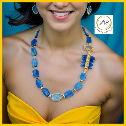 Distinctive Blue Kyanite Gemstones and Biwa Pearls Gold Statement Necklace 21”