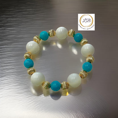 Blue Amazonite and Alabaster Gemstone Gold Bracelet Stack
