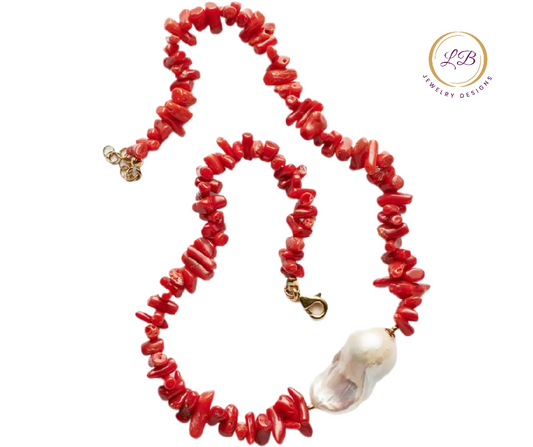 Irregular Sapling-Shaped Coral and Pearl Statement Necklace 18”